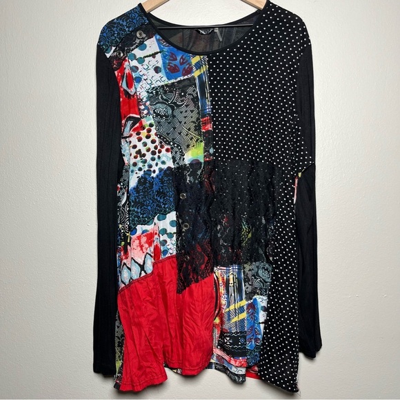 Kaktus Women Patchwork Tunic Top‎ Jersey Stretch Knit Mixed Media Lace Lagenlook - Picture 1 of 11